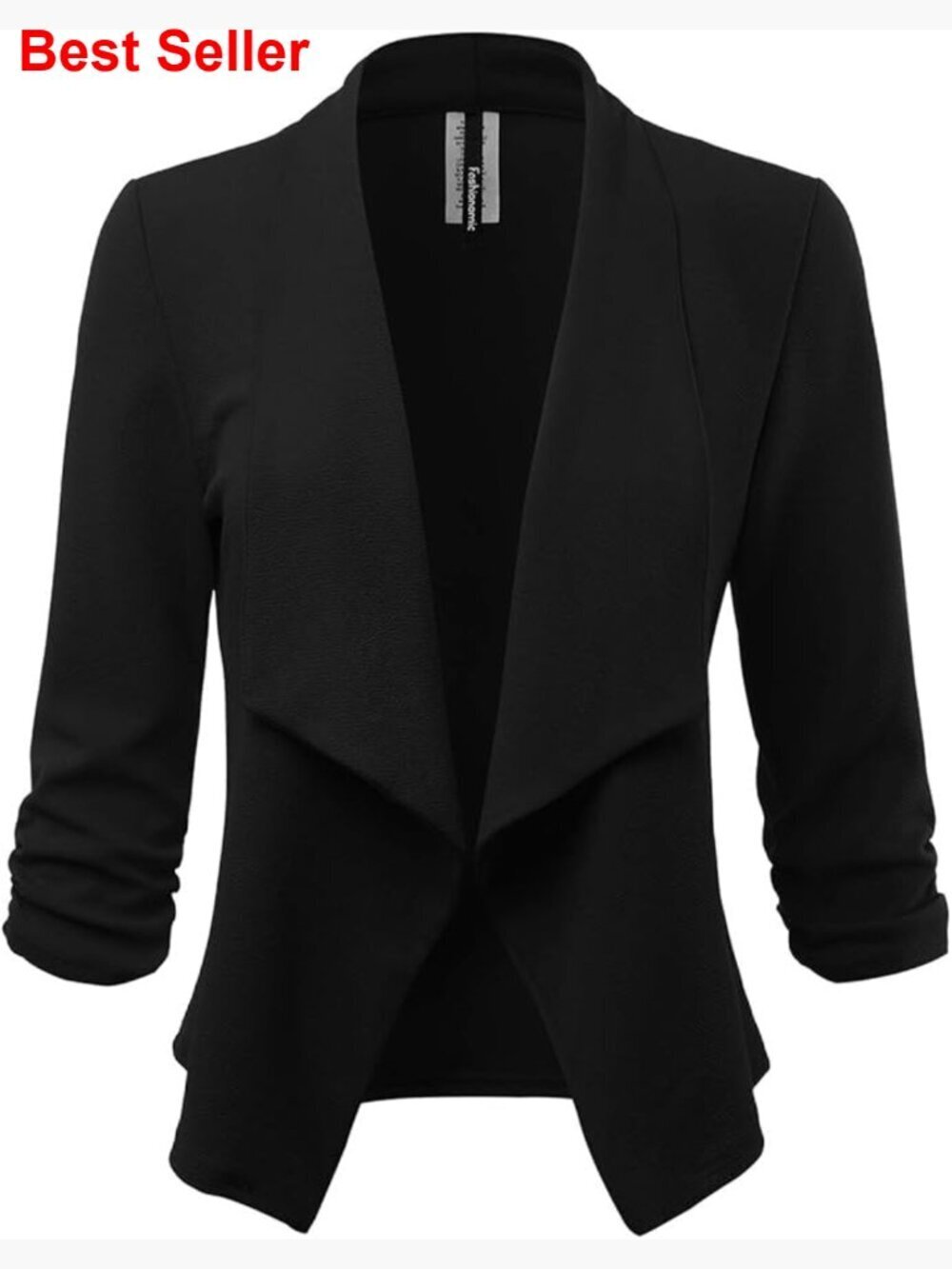 Polyester Blend Blazer with Gathered 3/4 Sleeves and Open Front